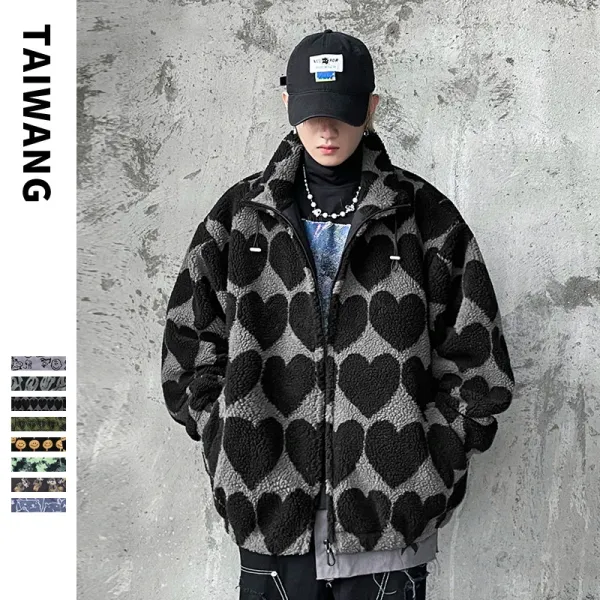 Design TAIWANG Heart Pattern Sherpa Fleece Jacket Black Gray Outerwear.jacket - 1