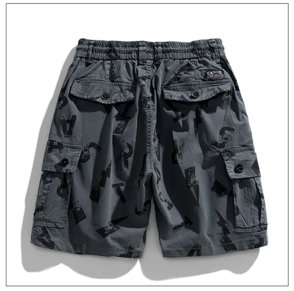 Design Cargo Shorts with Abstract Black Print Beige Shorts - 13