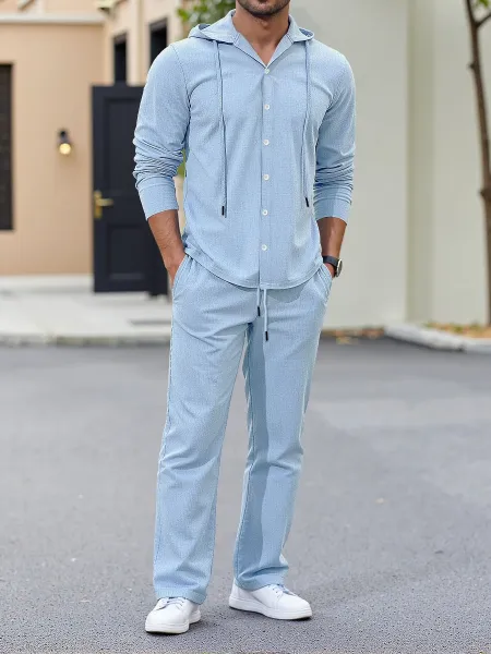 Design Light Blue Hooded Button-Up Shirt and Matching Pants Set - 1