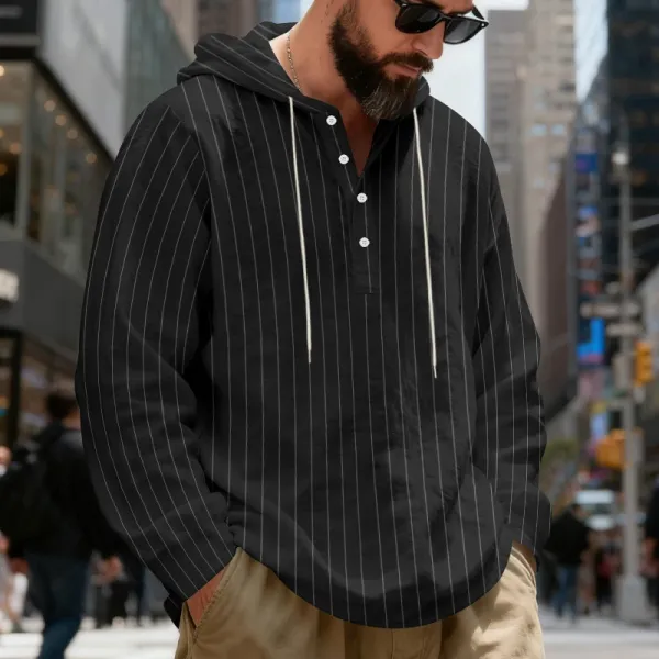 Design Striped Hooded Henley Shirt Gray Hoodie - 16
