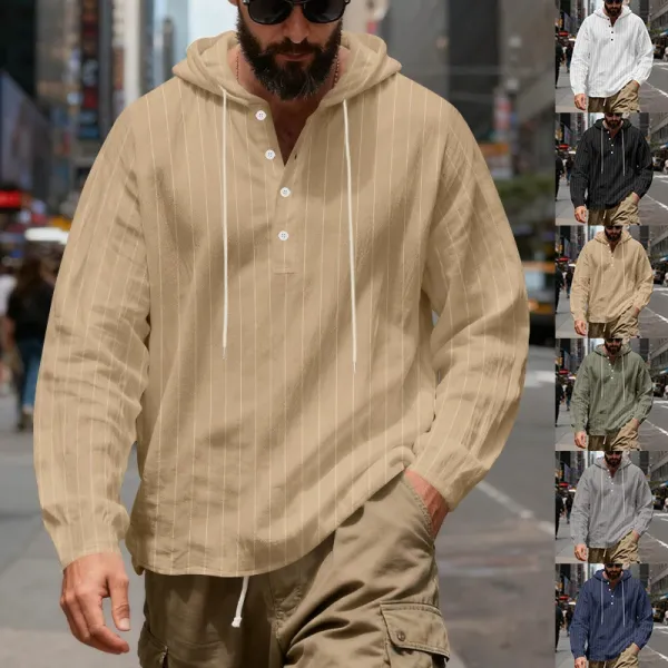 Design Striped Hooded Henley Shirt Gray Hoodie - 20