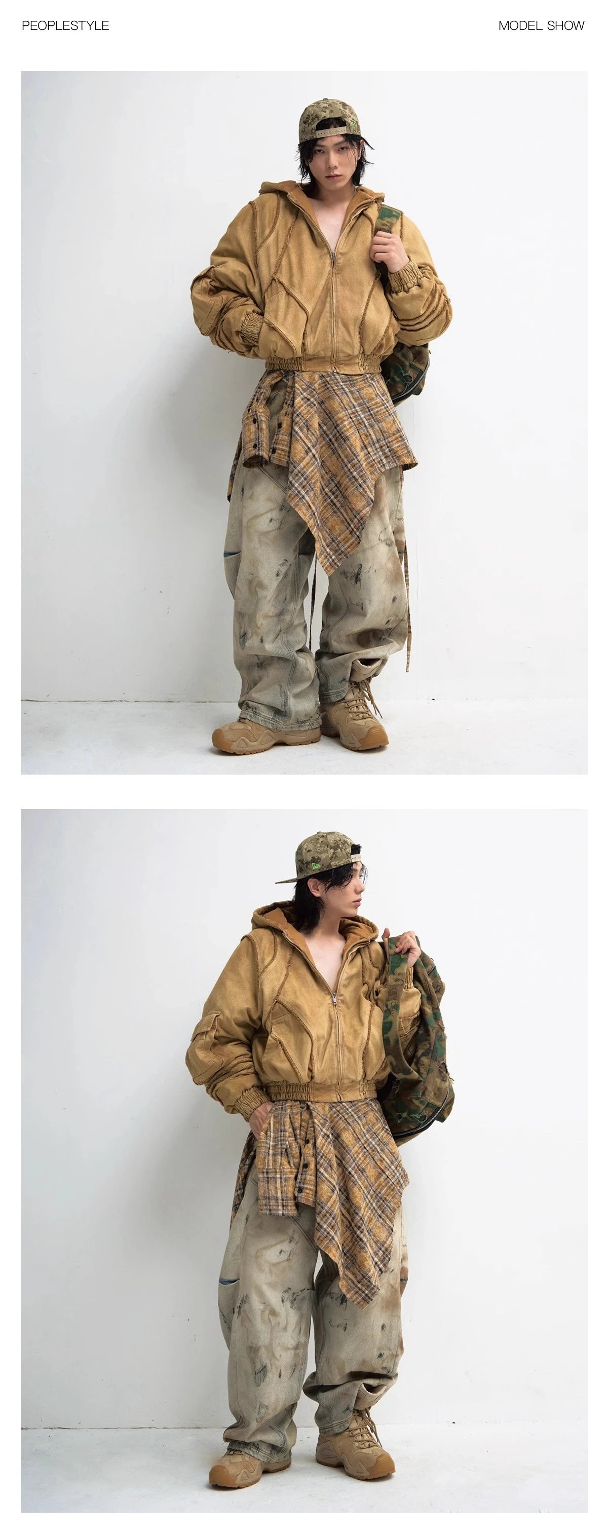 Design Distressed Oversized Cargo Pants Beige Multicolor Pants - 7