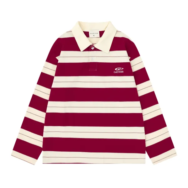 Design Savage Base Gather Stripe Long-Sleeve Polo in Burgundy and Beige Tops Polo - 1
