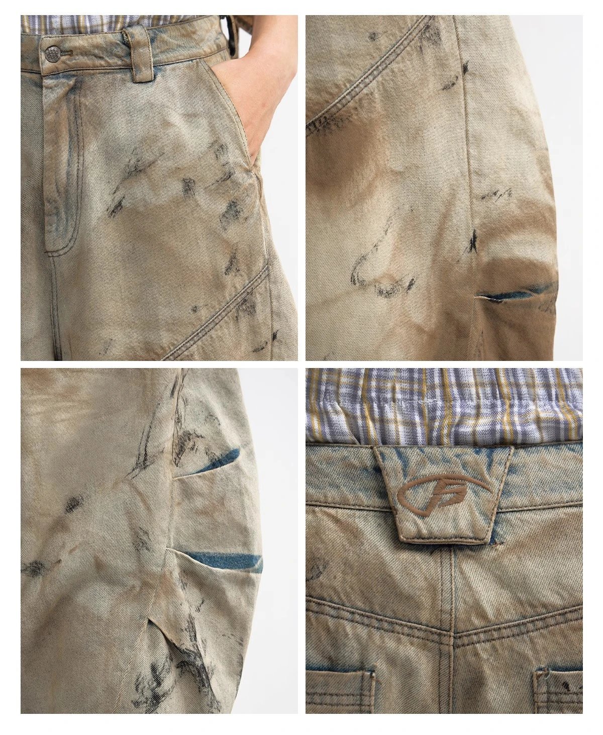 Design Distressed Oversized Cargo Pants Beige Multicolor Pants - 11
