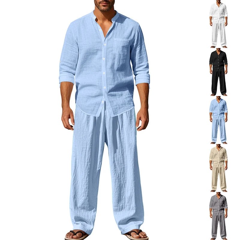 Design Linen Shirt and Pants Set White Casual Set - 4