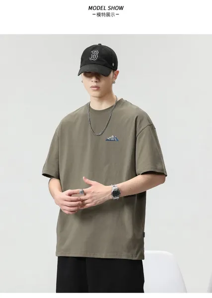 Design Mountain Embroidery Olive Green T-Shirt Tops.t Shirts - 8
