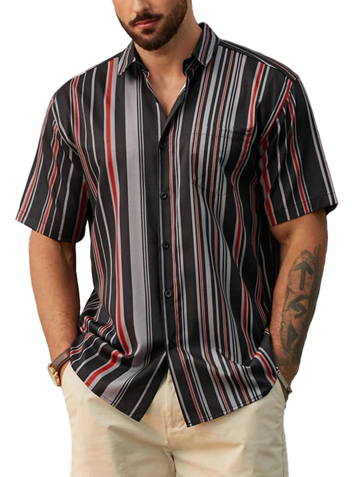 Design Harddaddy Striped Short-Sleeve Button-Up Shirt White and Gray Shirt - 16