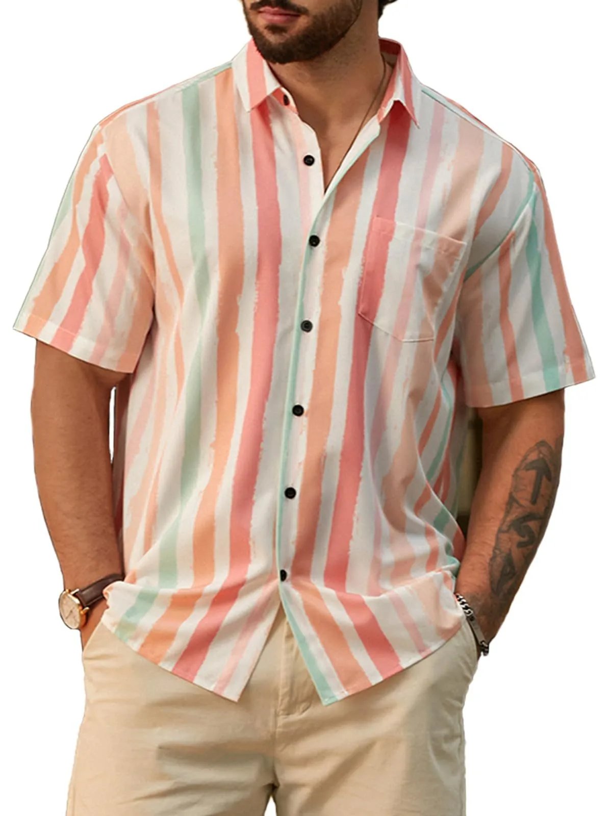 Design Harddaddy Striped Short-Sleeve Button-Up Shirt White and Gray Shirt - 12