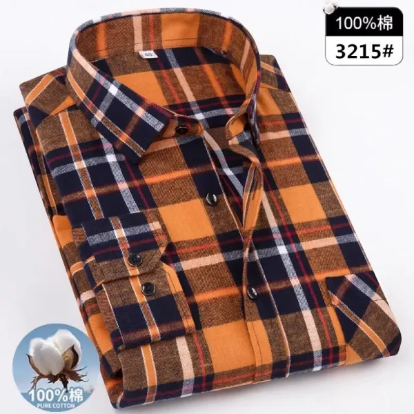 Design 100% Cotton Plaid Shirt Orange Navy Check Long-Sleeve Shirt - 1