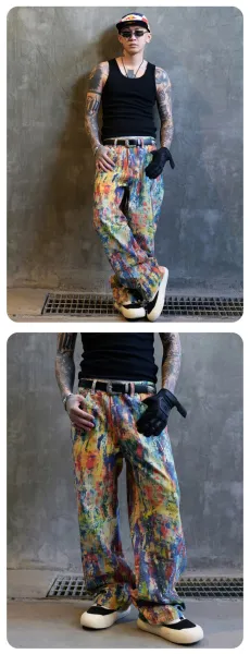 Design Abstract Paint Splatter Wide-Leg Pants Multicolor Pants - 5