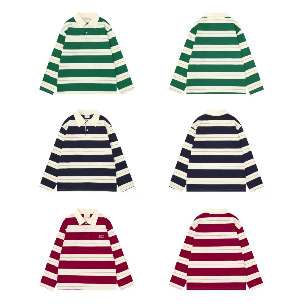 Design Savage Base Gather Stripe Long-Sleeve Polo in Burgundy and Beige Tops Polo - 2