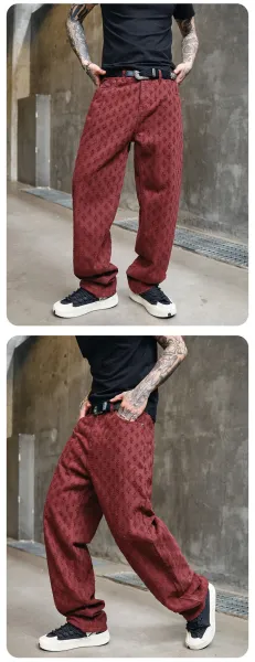 Design Jacquard Pattern Beige Pants with Textured Floral Motif - 22