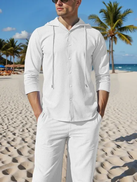 Design Light Blue Hooded Button-Up Shirt and Matching Pants Set - 10