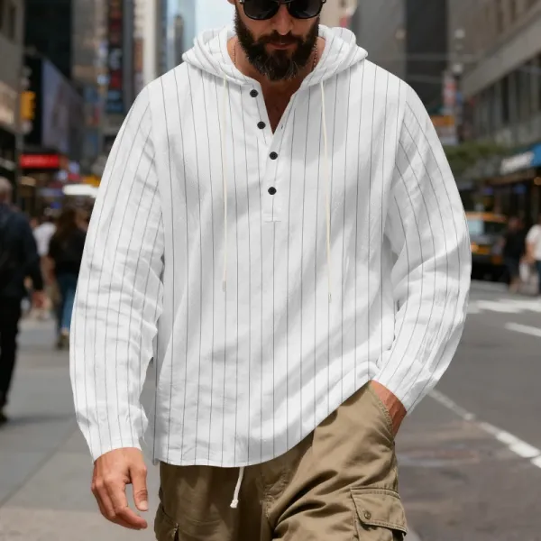 Design Striped Hooded Henley Shirt Gray Hoodie - 11