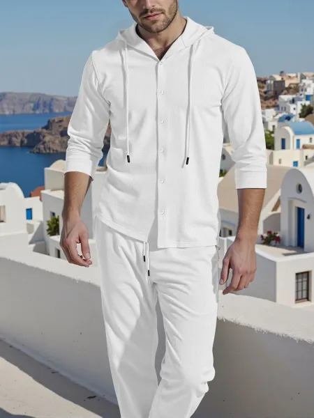 Design Light Blue Hooded Button-Up Shirt and Matching Pants Set - 11