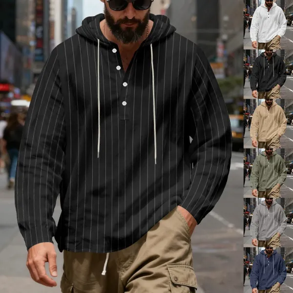 Design Striped Hooded Henley Shirt Gray Hoodie - 13
