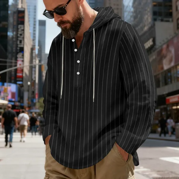 Design Striped Hooded Henley Shirt Gray Hoodie - 17