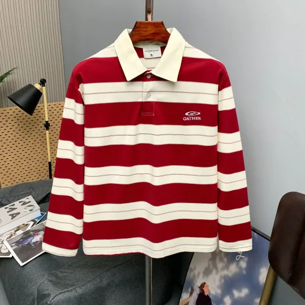 Design Savage Base Gather Stripe Long-Sleeve Polo in Burgundy and Beige Tops Polo - 7