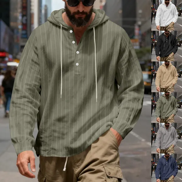 Design Striped Hooded Henley Shirt Gray Hoodie - 27