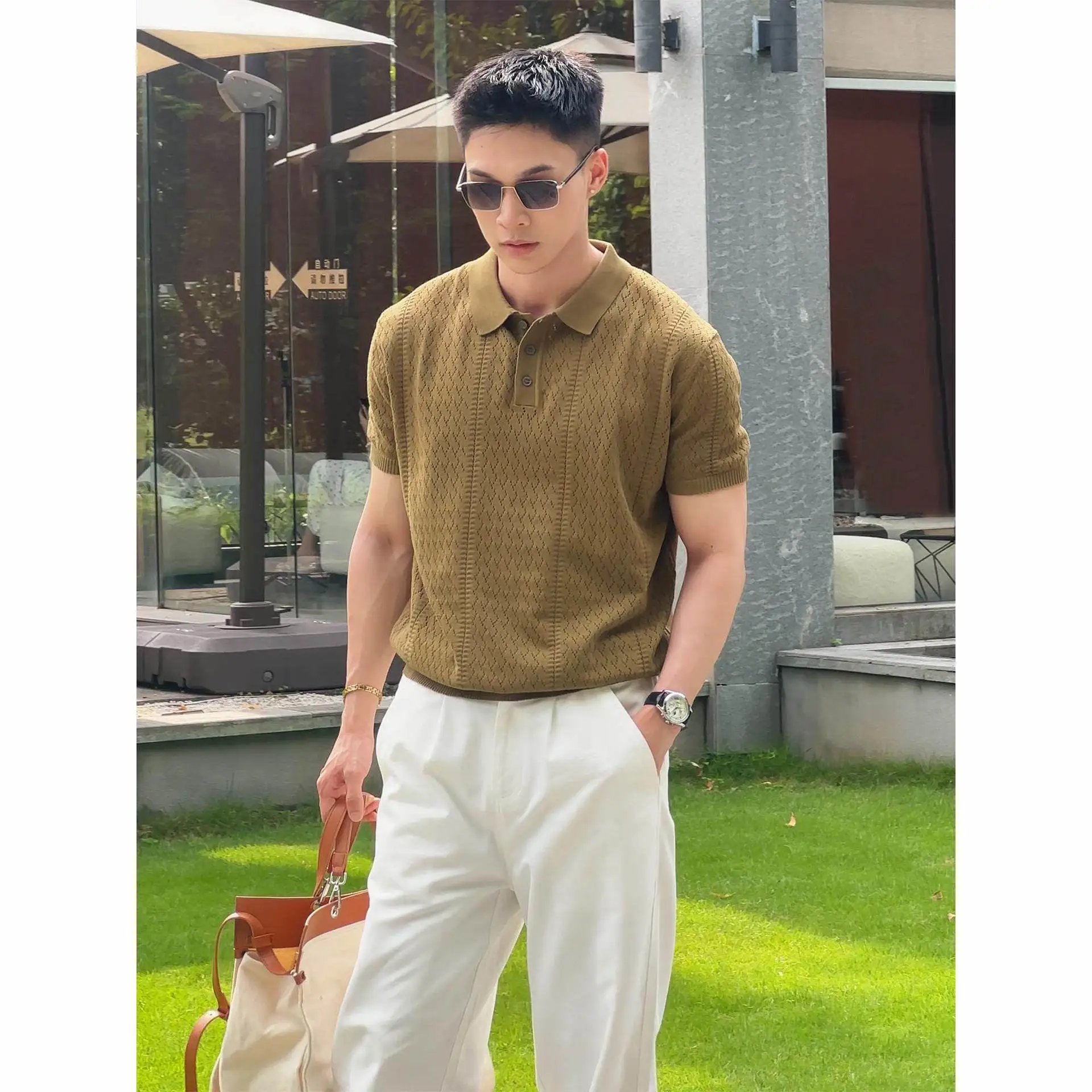 Design Rhett Kelley Knit Polo Shirt Army Green Tops Polo - 8