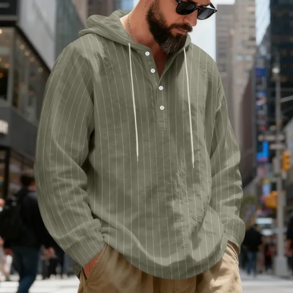 Design Striped Hooded Henley Shirt Gray Hoodie - 30