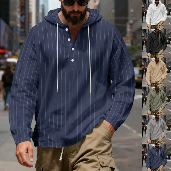 Design Striped Hooded Henley Shirt Gray Hoodie - 41
