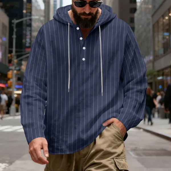 Design Striped Hooded Henley Shirt Gray Hoodie - 42