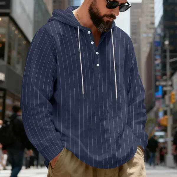 Design Striped Hooded Henley Shirt Gray Hoodie - 44