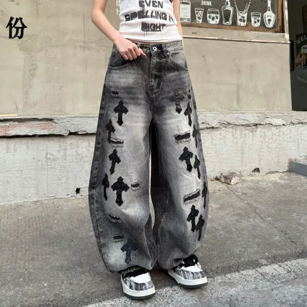 Design Cross Embroidered Distressed Wide-Leg Jeans Gray - 1