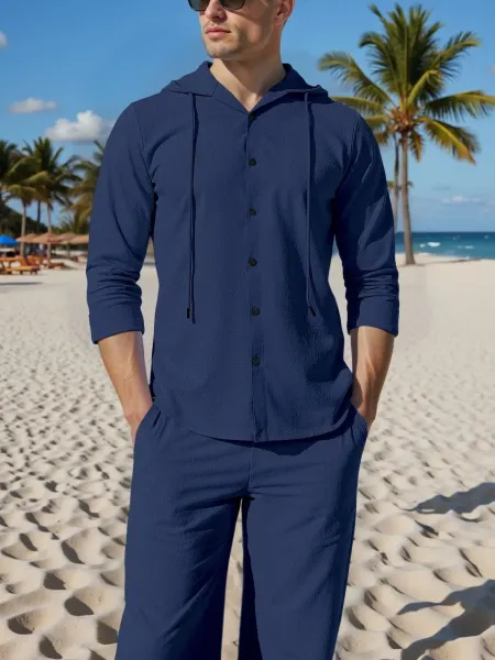Design Light Blue Hooded Button-Up Shirt and Matching Pants Set - 18