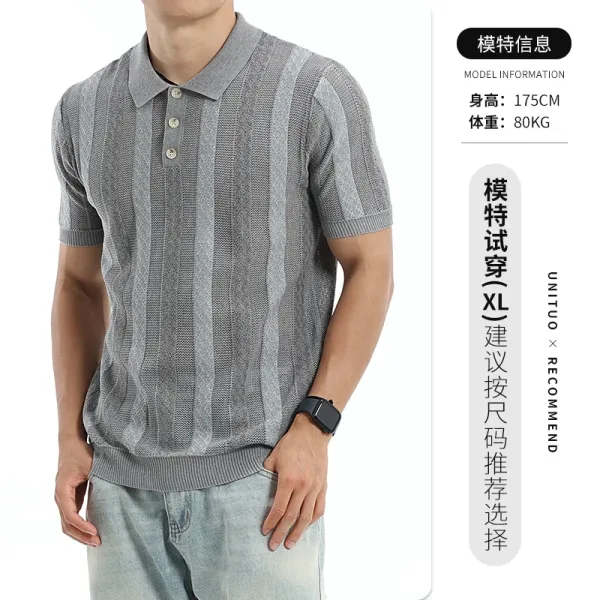 Design UNITUO x RECOMMEND Striped Knit Polo Gray Tops.polo - 1
