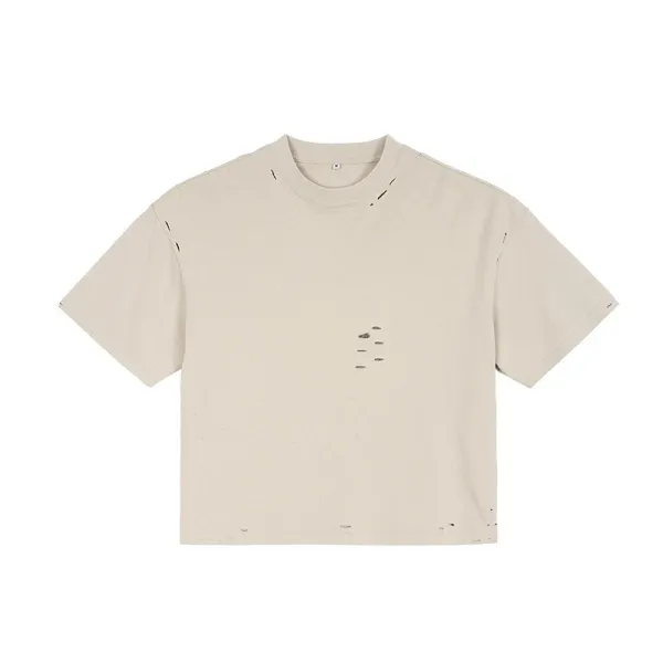 Design Distressed Beige Cropped T-Shirt Tops.t Shirts - 1