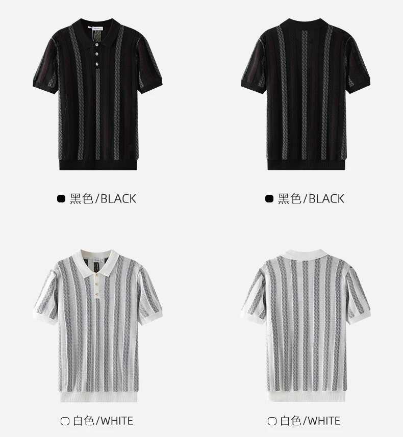 Design UNITUO x RECOMMEND Striped Mesh Polo Shirt White / Gray Tops Polo - 12