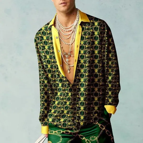 Versace Chain Print Silk Shirt and Pants Set Green Yellow - 1