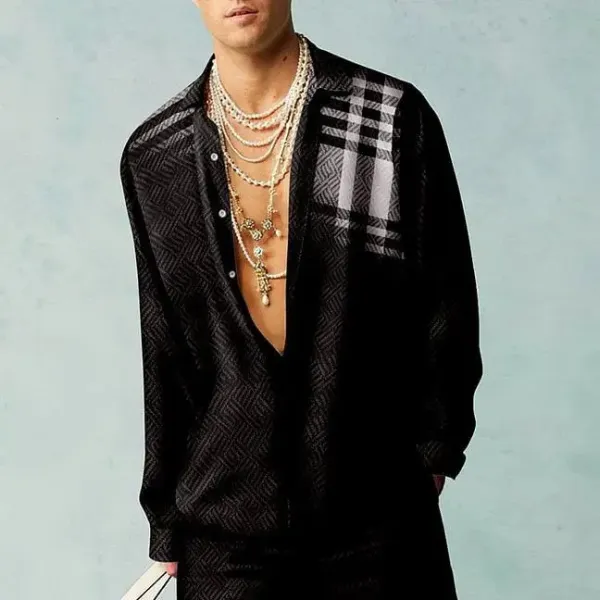Burberry Check-Panel Geometric Print Shirt Black - 1