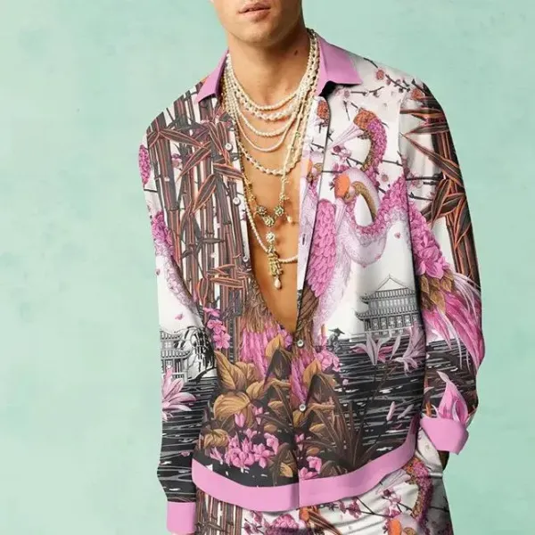 Dolce & Gabbana Floral Crane Print Silk Shirt Pink - 1