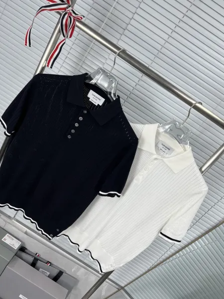 Thom Browne Ribbed Knit Polo Navy with White Trim Polo Shirt - 5