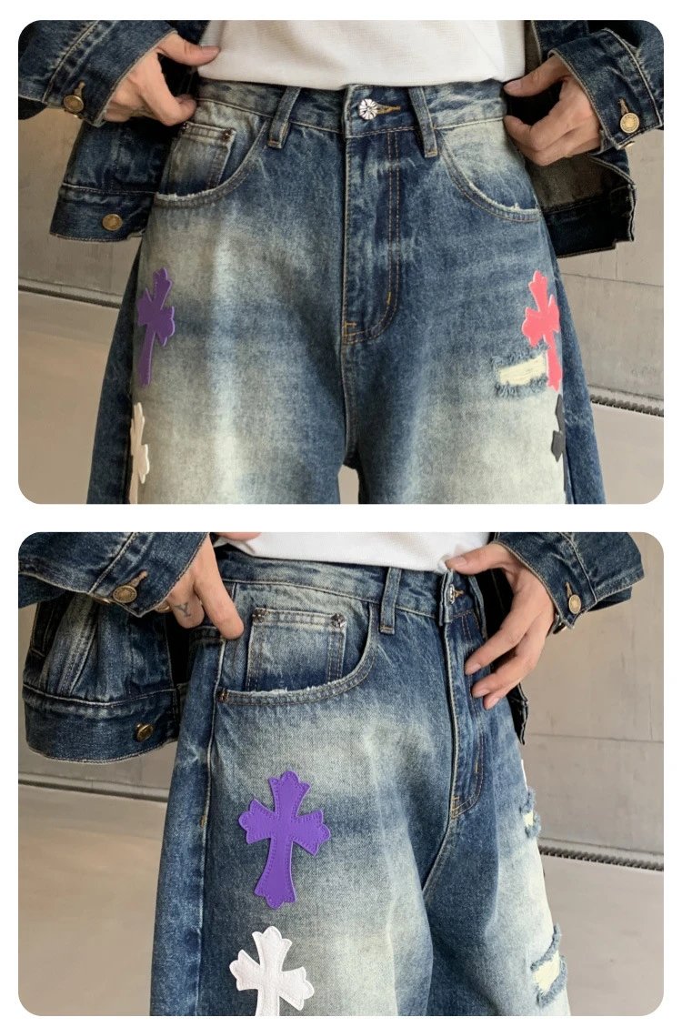 Design Distressed Rhinestone-Embellished Wide-Leg Jeans Gray - 27