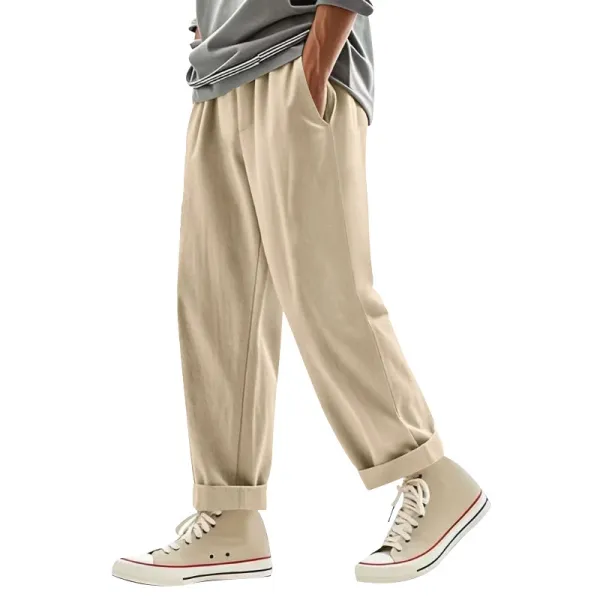 Design Wide-Leg Relaxed Fit Beige Pants with Cuffed Hem - 1