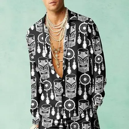 Design Tiki Mask Print Silk Shirt Black - 1