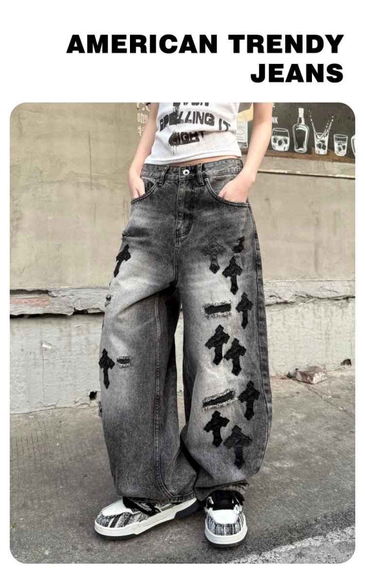 Design Distressed Rhinestone-Embellished Wide-Leg Jeans Gray - 33