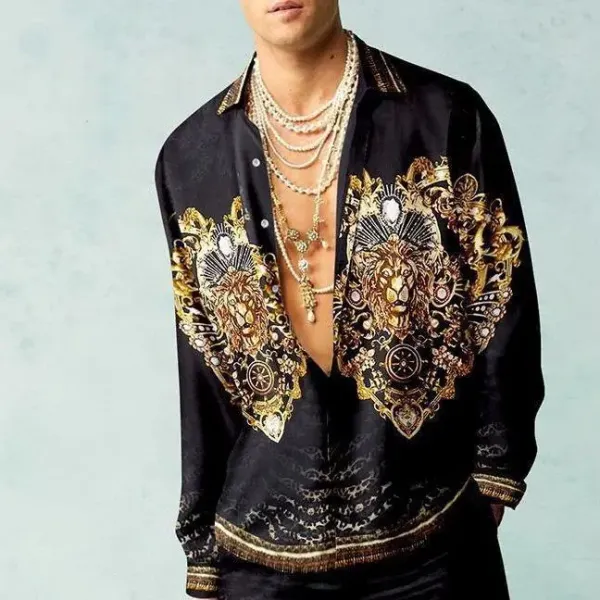 Versace Baroque Lion Print Silk Shirt Black Tops Shirt - 1