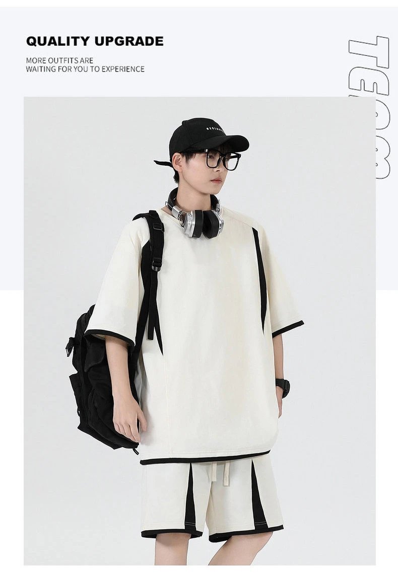 Design Oversized T-Shirt and Shorts Set Beige with Black Stripes Casual Set - 21