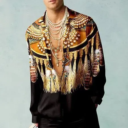 Design Printed Fringed Ethnic-Style Shirt Black Tops Shirt - 1