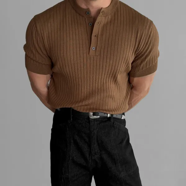 Design Ribbed Knit Henley Tee Brown Top Tops - 1