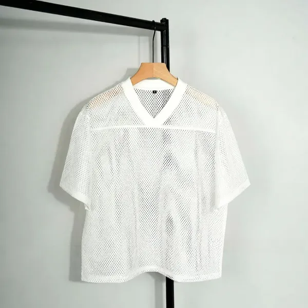 Design White Mesh V-Neck Sporty Top Tops - 1