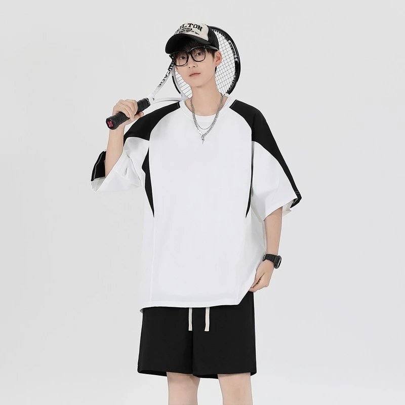 Design Oversized T-Shirt and Shorts Set Beige with Black Stripes Casual Set - 26