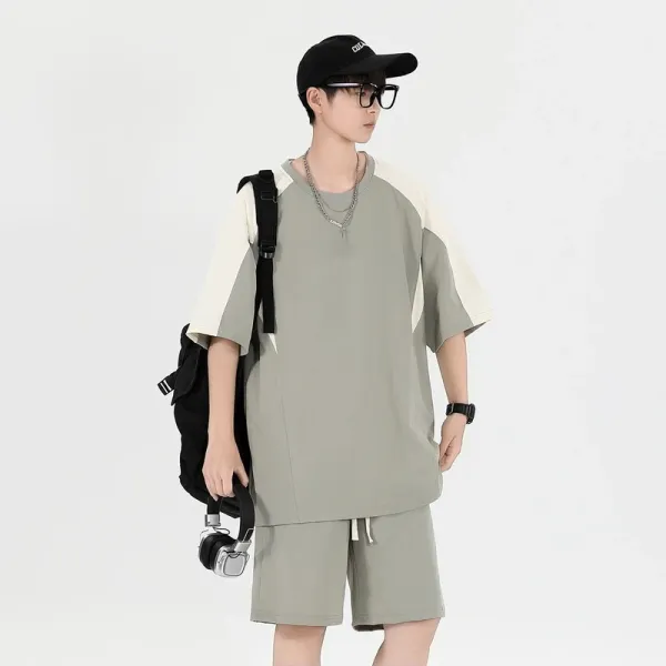 Design Color-Block Oversized T-Shirt and Shorts Set Olive Green Casual Set - 1