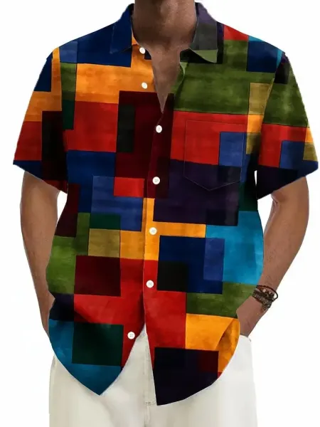 Design Abstract Geometric Print Short-Sleeve Button-Up Shirt Tops Shirt - 1