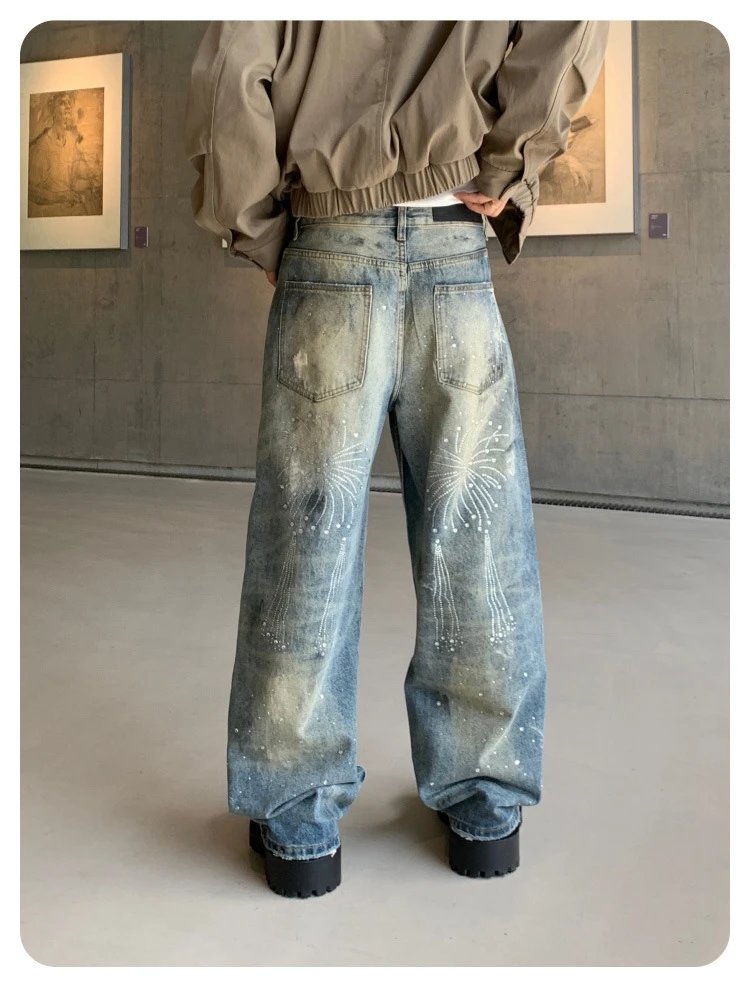 Design Distressed Rhinestone-Embellished Wide-Leg Jeans Gray - 50